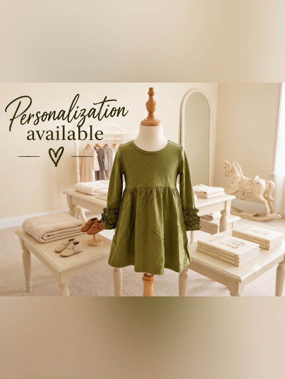 Bayou Blanks Olive Green Ruffle Sleeve Personalized Dress Size 2